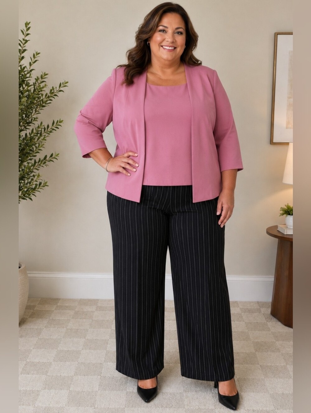 Dress Barn Mauve Blazer & Tank with Black Pinstripe Wide-Leg Pants